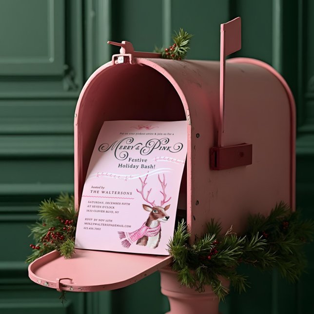 Merry & Pink Fun Holiday Bash Reindeer Pink Scarf Invitation (Merry & Pink Fun Holiday Bash Reindeer Pink Scarf Party Invitation)