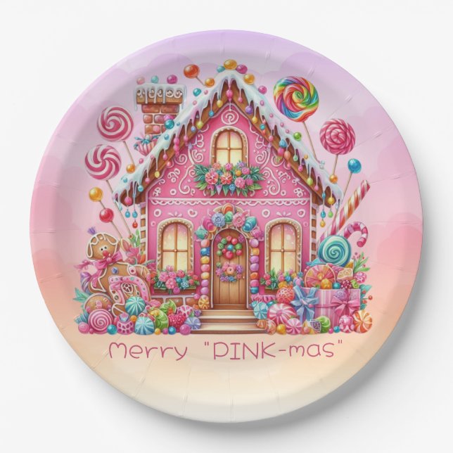 Merry "PINK-mas" Christmas Candy House Paper Plates (Front)
