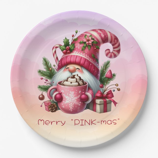 Merry "PINK-mas" Christmas Pink Gnome Hot Chocolat Paper Plates (Front)