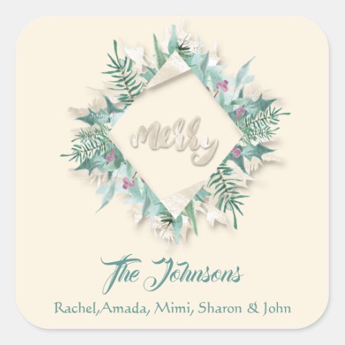 Merry Pink Name Mint Green Ivory Holidays Wreath Square Sticker