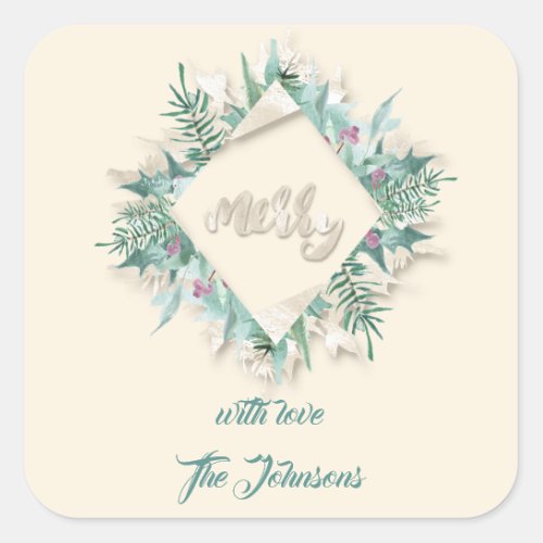 Merry Pink Name Mint Green Ivory Holidays Wreath Square Sticker