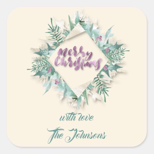 Merry Pink Name Mint Ivory Wreath Holidays Purple Square Sticker