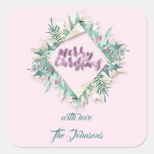 Merry Pink Name Mint White Ivory Holidays Purple Square Sticker