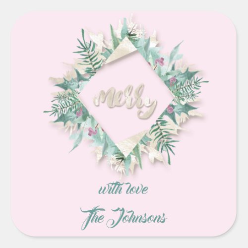 Merry Pink Name Mint White Ivory Holidays Wreath Square Sticker