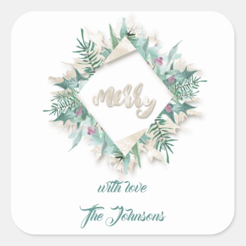 Merry Pink Name Mint White Ivory Holidays Wreath Square Sticker