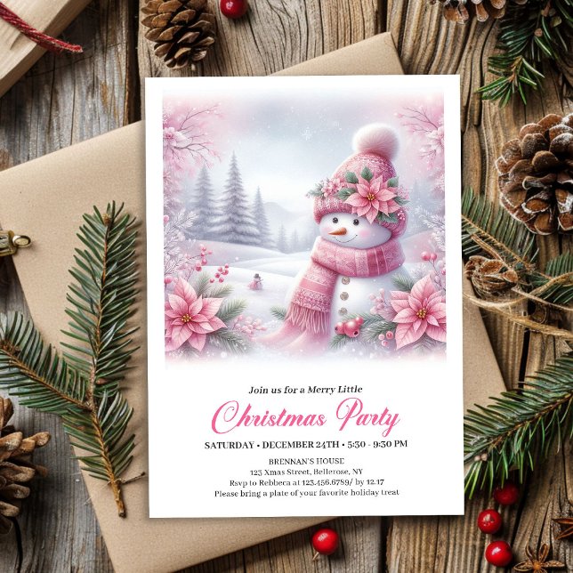Merry Pink Snowman Editable Christmas Kids Invite  (Merry Pink Snowman Editable Christmas Kids Invite Digital)