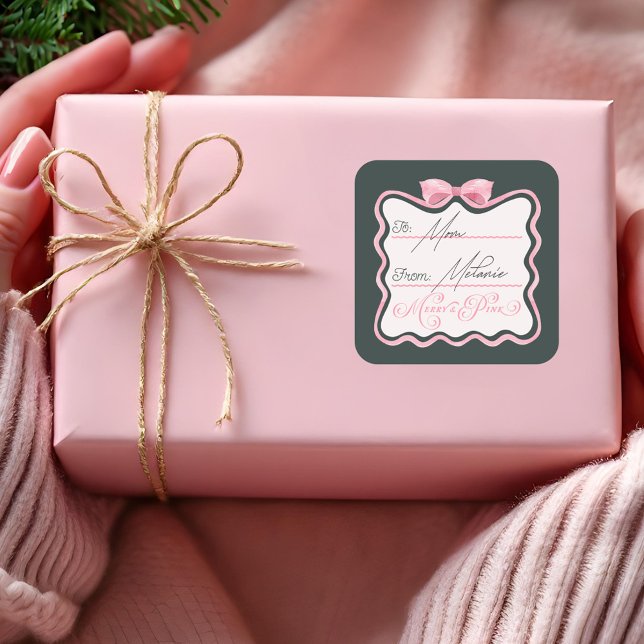 Merry & Pink Wavy Retro Pink Ribbon & Bow To From Square Sticker (Merry & Pink Wavy Retro Pink Ribbon & Bow To From Square Sticker)