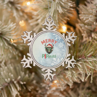 Merry PIPmas Trading Bull Christmas Design – Funny Snowflake Pewter Christmas Ornament