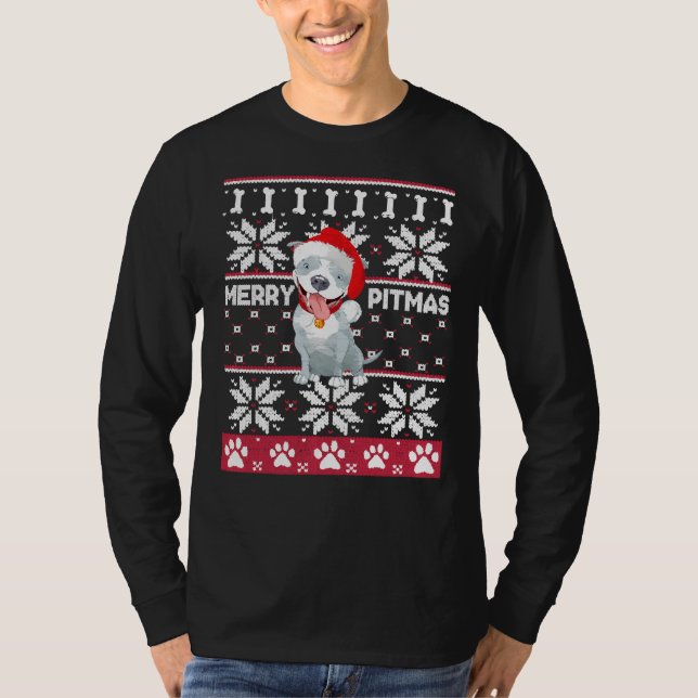 Merry Pitbull Pitmas Pit Bull Ugly Christmas Dog S T-Shirt (Front)