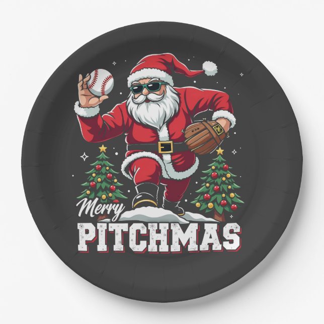 Merry Pitchmas Christmas Santa Baseball Lover  Paper Plates (Front)