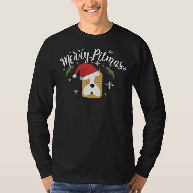 Merry Pitmas Christmas Pit Bull Dog Funny Santa Ha T-Shirt (Front)