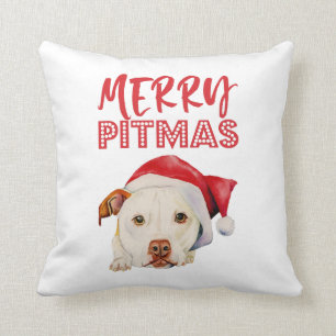 Merry Pitmas   Cute Santa Pit Bull Dog Christmas Throw Pillow