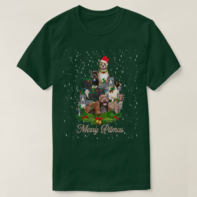 Merry Pitmas Funny Pitbull Dog Ugly Christmas Tree T-Shirt (Design Front)