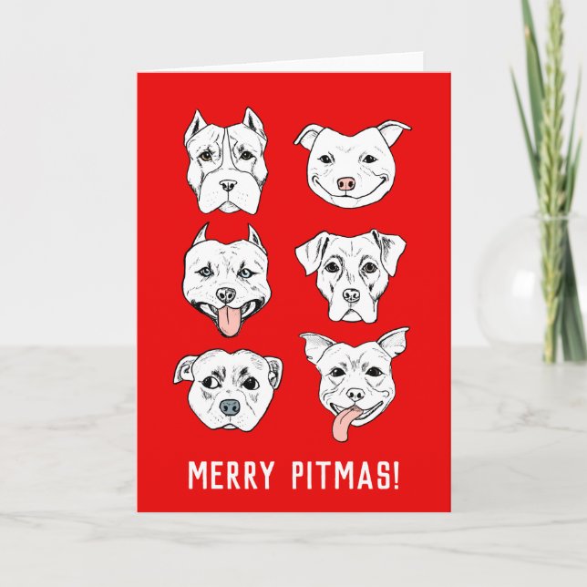 Merry Pitmas | Pit Bull Dog Faces Christmas Holiday Card (Front)