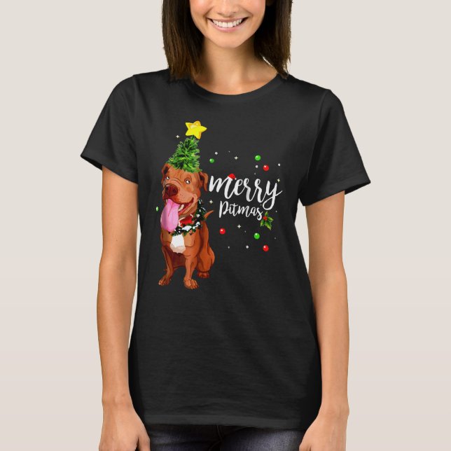 Merry Pitmas Pitbull Christmas Tree T-Shirt (Front)