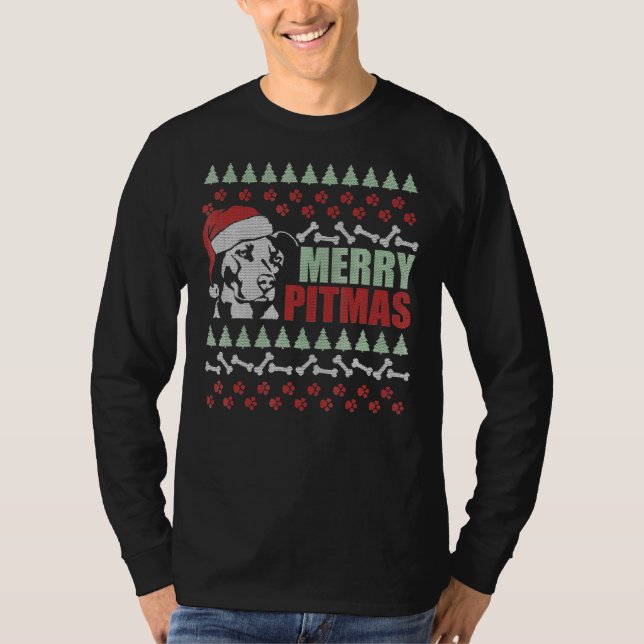 Merry Pitmas Pitbull Dog Funny Ugly Christmas T-Shirt (Front)