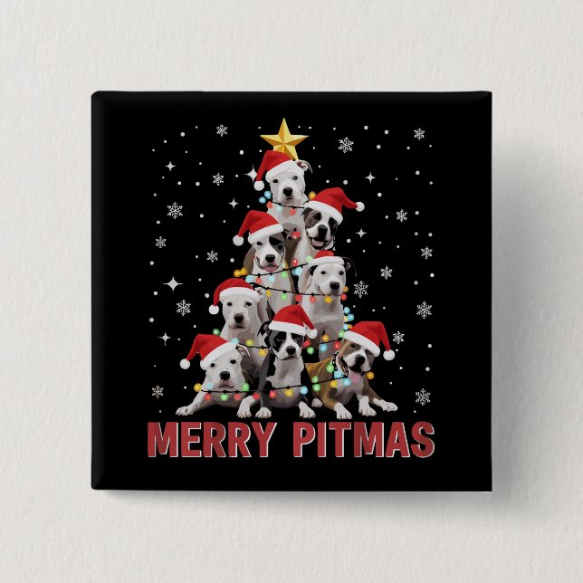 Merry Pitmas Pitbull Dog Tree Ugly Christmas Button (Front)