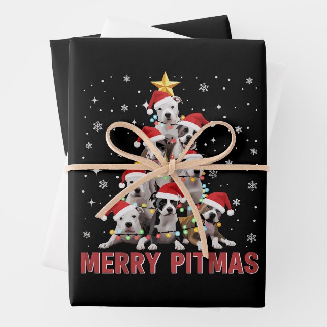 Merry Pitmas Pitbull Dog Tree Ugly Christmas Wrapping Paper Sheets (In situ)