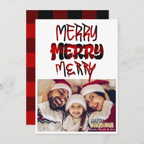 MERRY Plaid Grunge Typography Holiday Photo Card