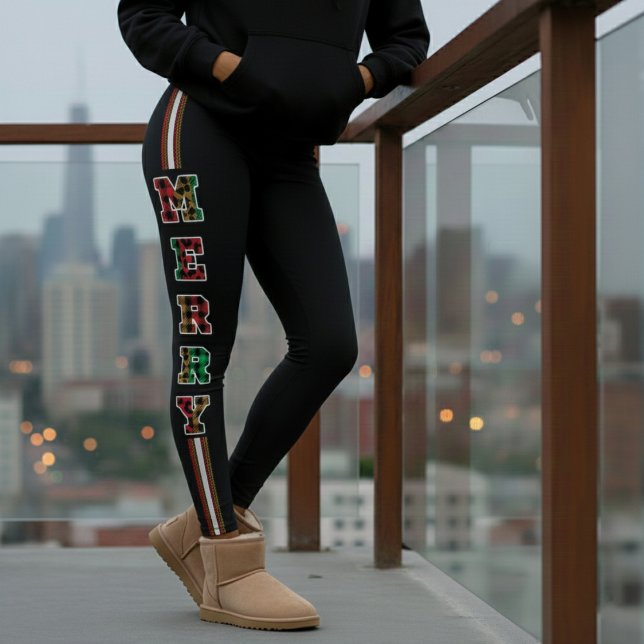 Merry Plaid & Leopard Print Side Stripe Christmas  Leggings (Creator Uploaded)