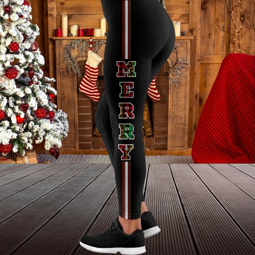 Merry Plaid  Leopard Print Side Stripe Christmas  Leggings