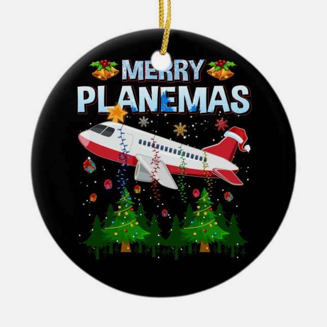 Merry Planesmas Family Plane Christmas For Pilot Ceramic Ornament (Front)