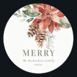 Merry Poinsettia Bunch Watercolor Pine Christmas Classic Round Sticker<br><div class="desc">If you need any further customisation please feel free to message me on yellowfebstudio@gmail.com.</div>