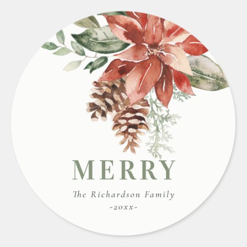 Merry Poinsettia Bunch Watercolor Pine Christmas Classic Round Sticker