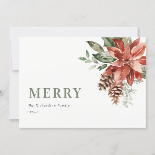 Merry Poinsettia Bunch Watercolor Pine Christmas Holiday Card