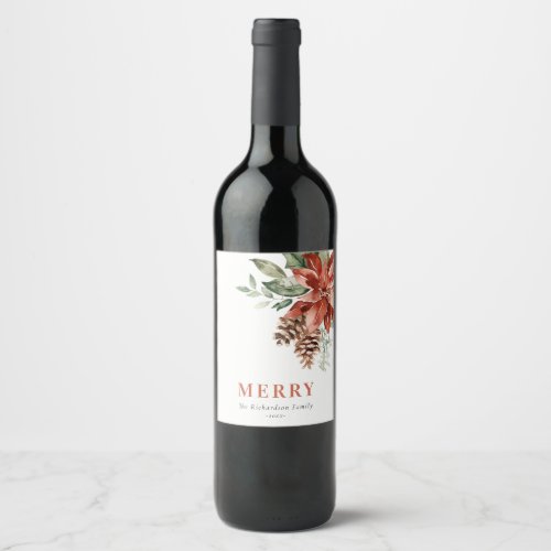 Merry Poinsettia Bunch Watercolor Pine Christmas Wine Label