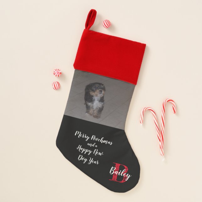 Merry Poochmas with Name, Initial & Photo - Christmas Stocking (Front)