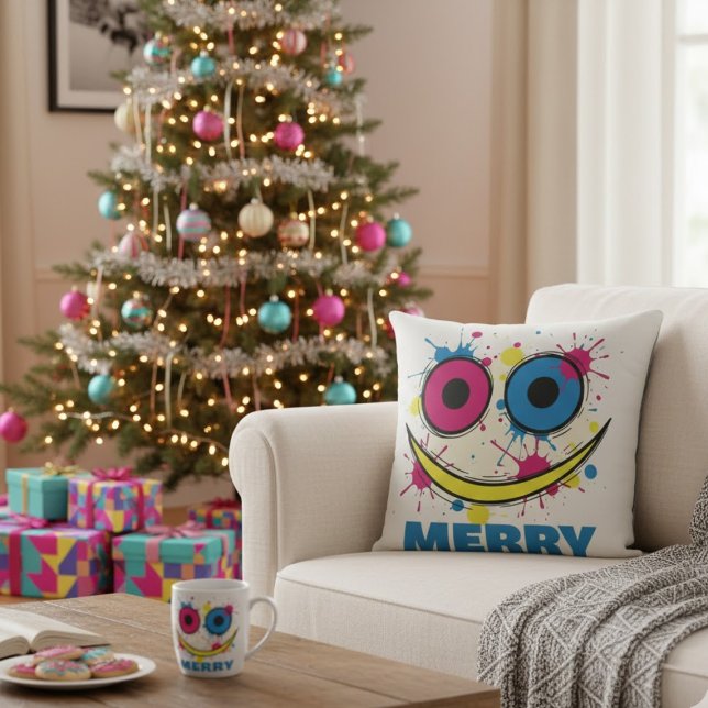 Merry Pop: Colorful & Playful Modern Art Christmas Throw Pillow (Creator Uploaded)