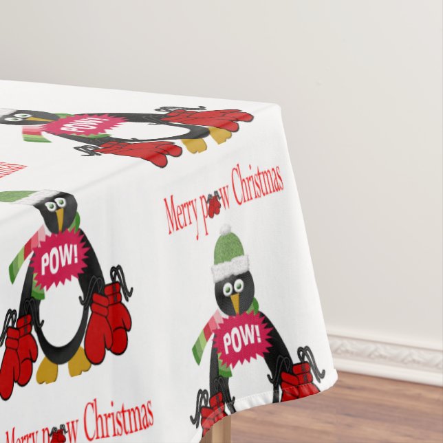 Merry Pow Christmas Tablecloth, Penguin Boxing  Tablecloth (In Situ)