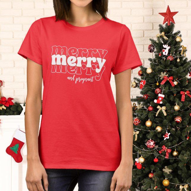 Merry & Pregnant Christmas Pregnancy Announcement T-Shirt (Creator Uploaded)