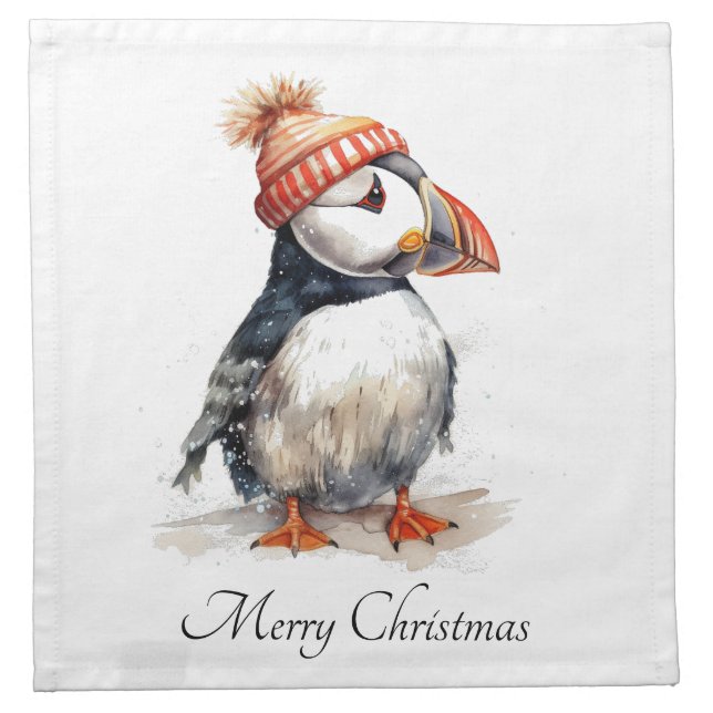 Merry Puffin, custom Cloth Napkin (Front)
