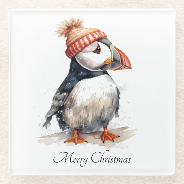 Merry Puffin, custom Glass Coaster (Front)