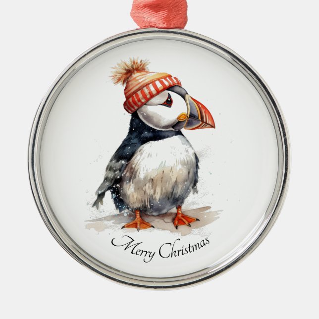 Merry Puffin, custom Metal Ornament (Front)