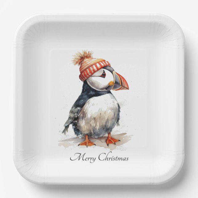 Merry Puffin, custom Paper Plates (Front)
