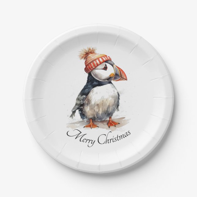 Merry Puffin, custom Paper Plates (Front)