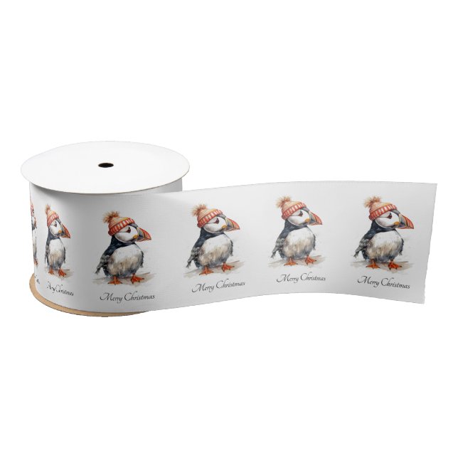 Merry Puffin, custom Satin Ribbon (Spool)
