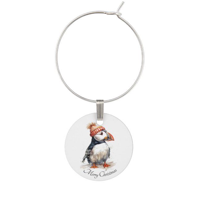 Merry Puffin, custom Wine Charm (Front)
