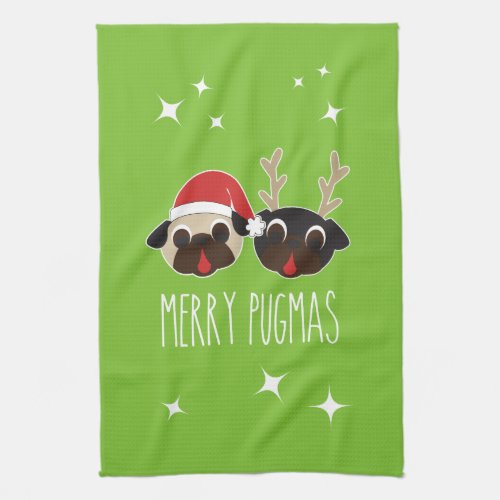 Merry Pug Santa and Reindeer Pugs Dish Towel