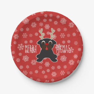 Merry Pugmas Black Pug Reindeer and Snowflakes Paper Plates