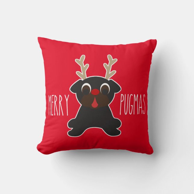 Merry Pugmas Black Pug Reindeer Throw Pillow (Front)