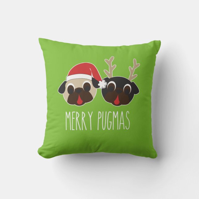 Merry Pugmas Christmas Pillow Reindeer & Santa Pug (Front)