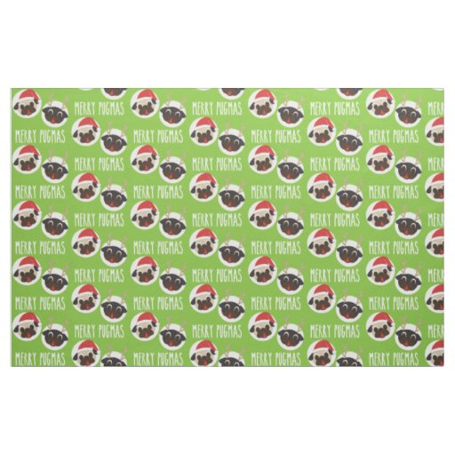Merry Pugmas Christmas Reindeer and Santa Pugs Fabric