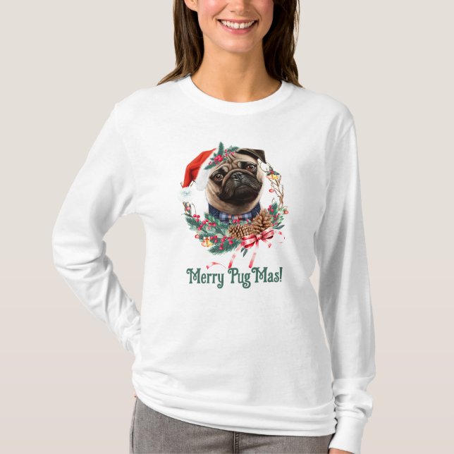 Merry PugMas - Cute Pug Wearing Santa Hat T-Shirt (Front)