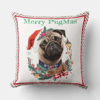Merry PugMas - Cute Pug Wearing Santa Hat Throw Pillow