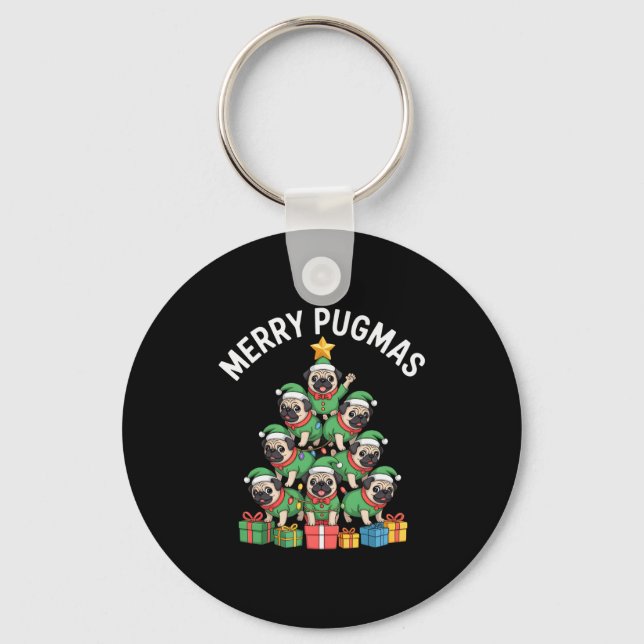 Merry Pugmas Funny Pug Christmas Tree Holiday Long Keychain (Front)
