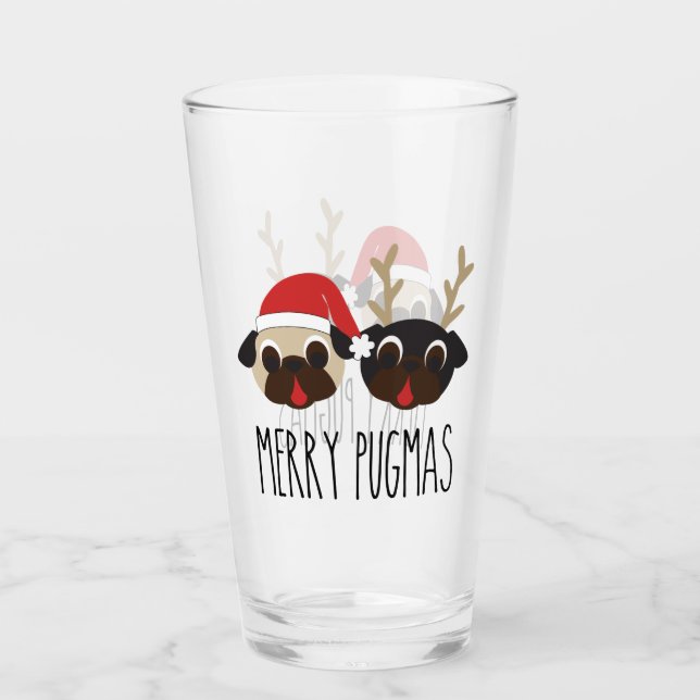 Merry Pugmas Pug Santa & Reindeer Glass (Front)